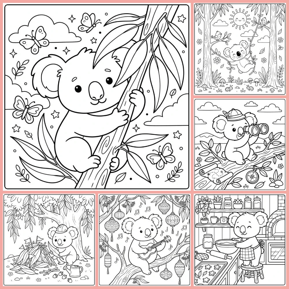 A collage of different coloring page designs.