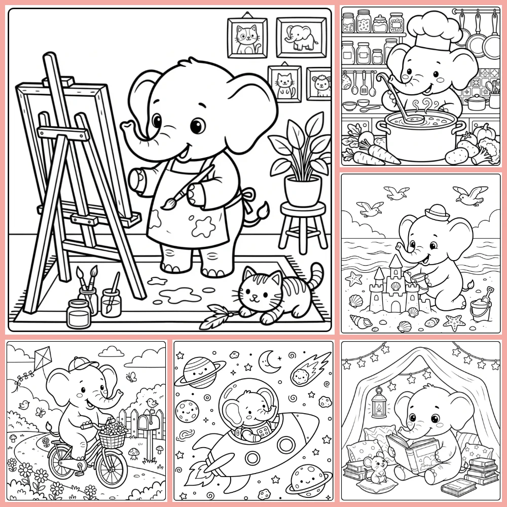 A collage of different coloring page designs.