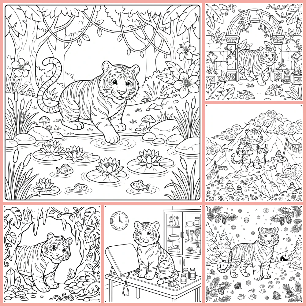 A collage of different coloring page designs.