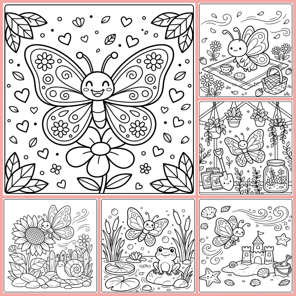 A collage of different coloring page designs.