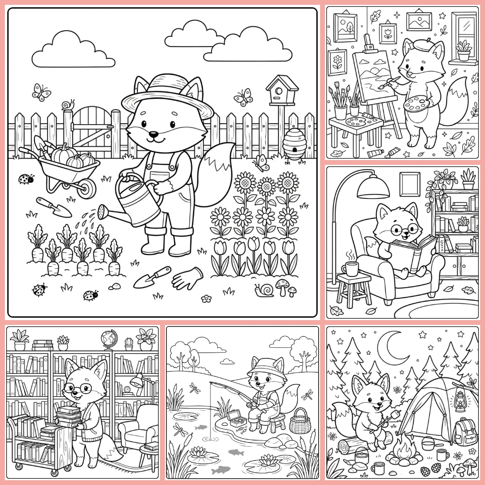 A collage of different coloring page designs.