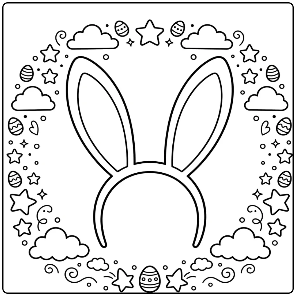 Een vrolijke paashaas oren kleurplaat met sterren en eieren.