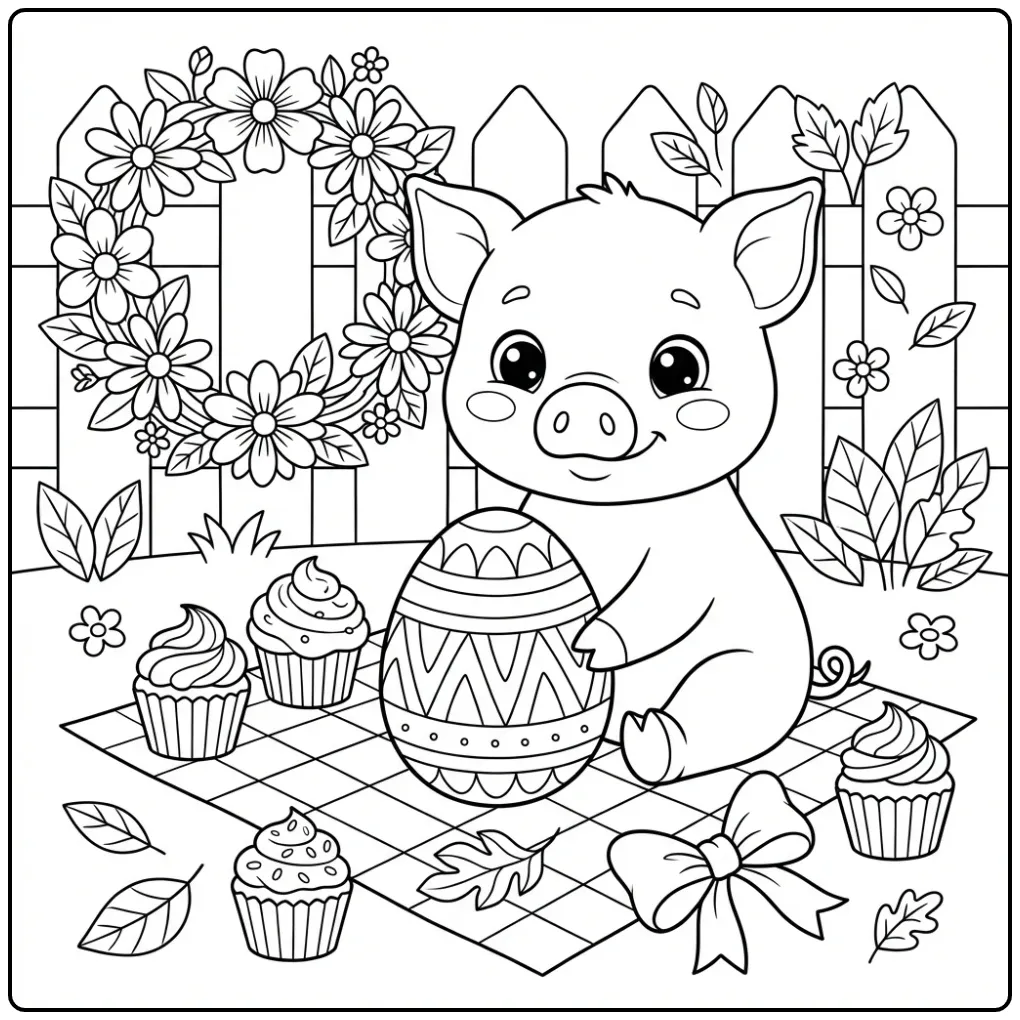 Schattige Paaskleurplaat van een varken met lekkere cupcakes.