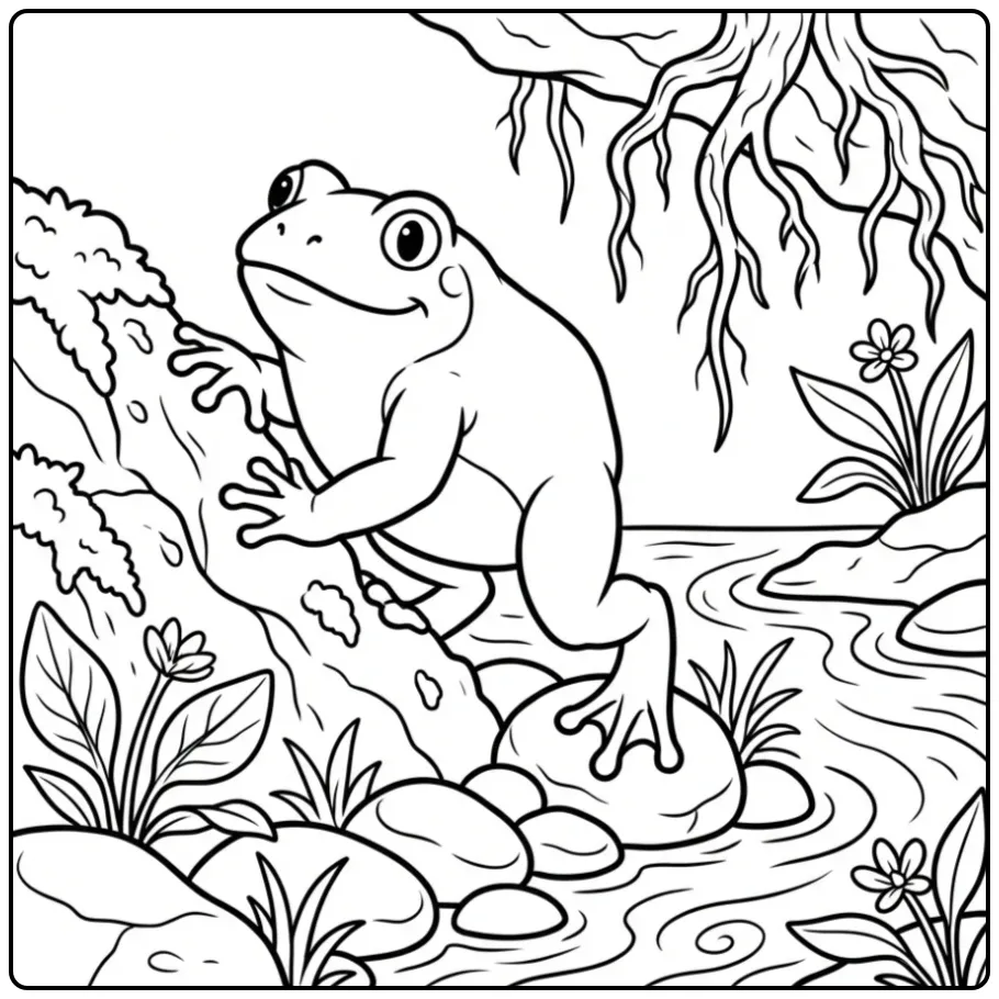 Leuke toad kleurplaat van een pad die op een rots klimt.