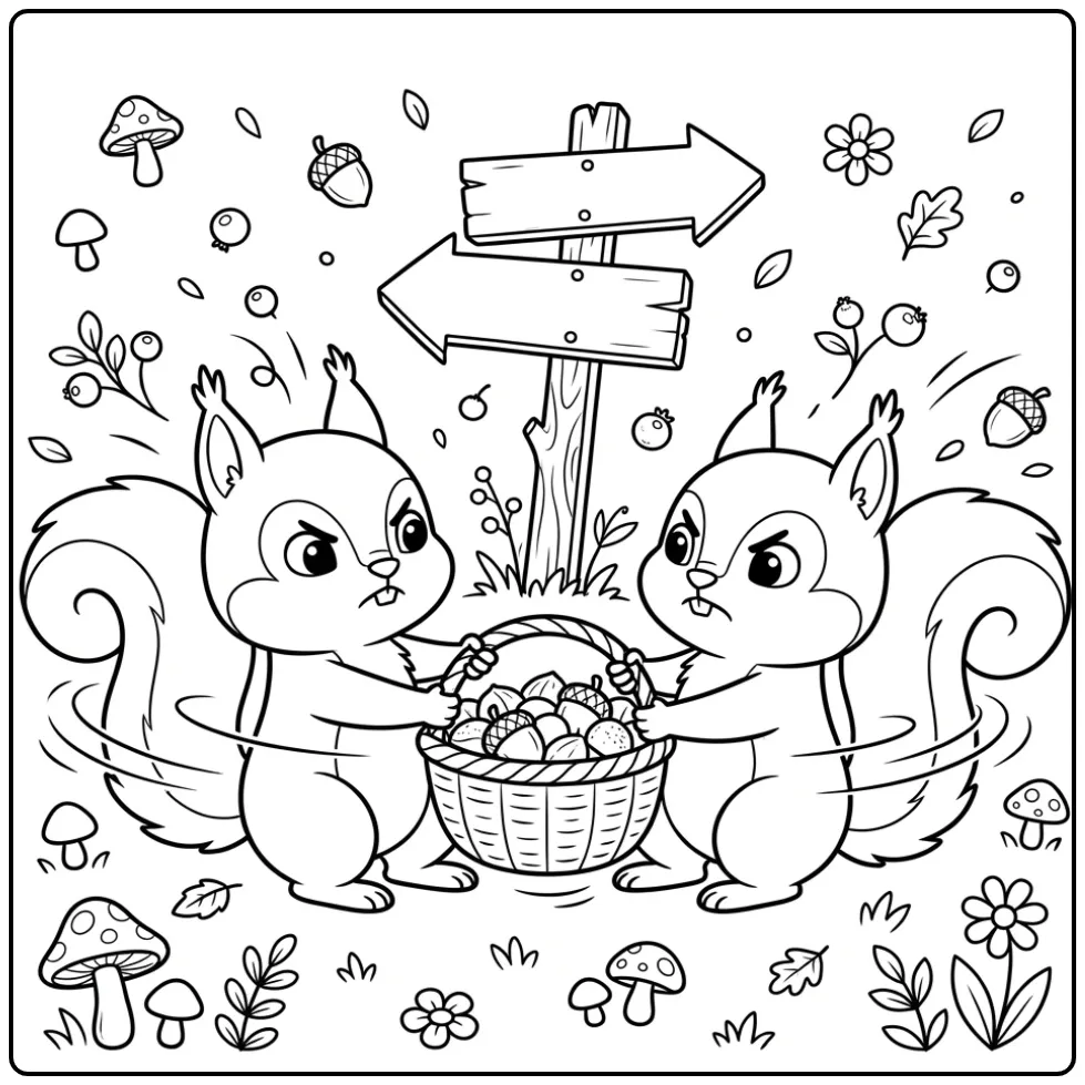 Download deze leuke twee vechtende eekhoorntjes kleurplaat.