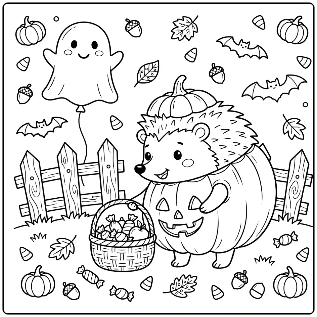 Egel kleurplaat verkleed als pompoen met snoepjes.