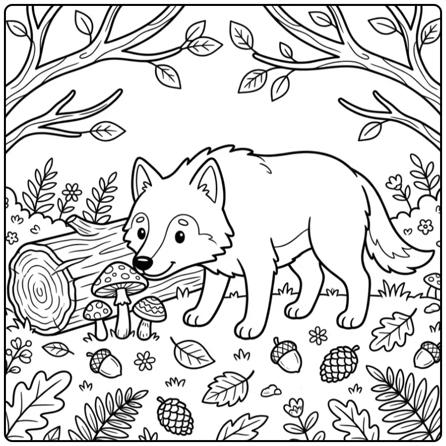 Kleurplaat wolf die aan paddenstoelen snuffelt in het bos.