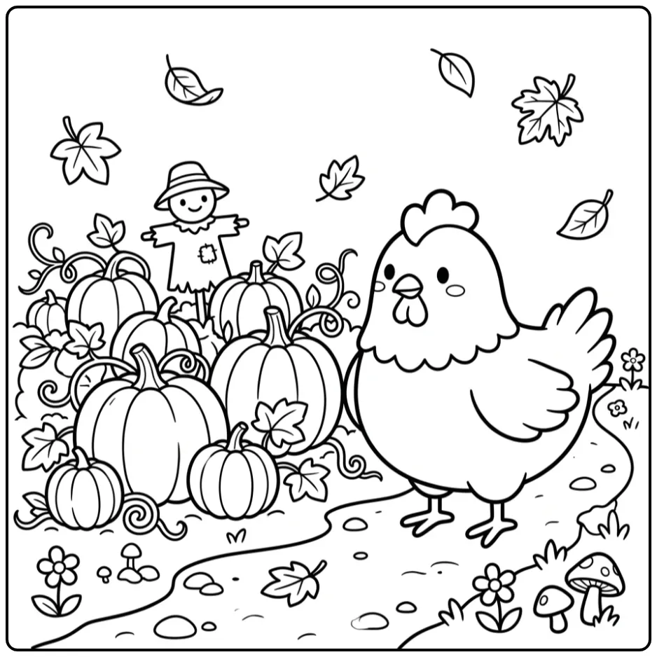 Schattige kip kleurplaat eenvoudig in een pompoenveld.