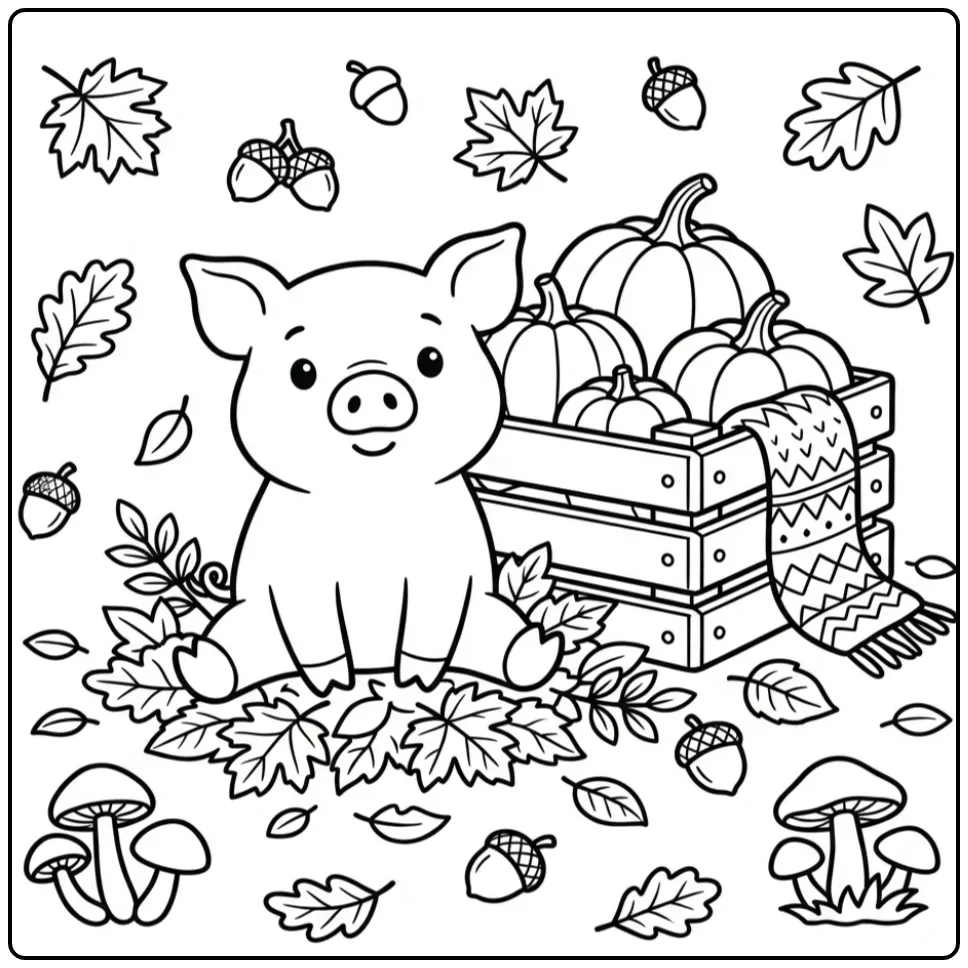 Een schattige kleurplaat varken in de herfst met pompoenen.