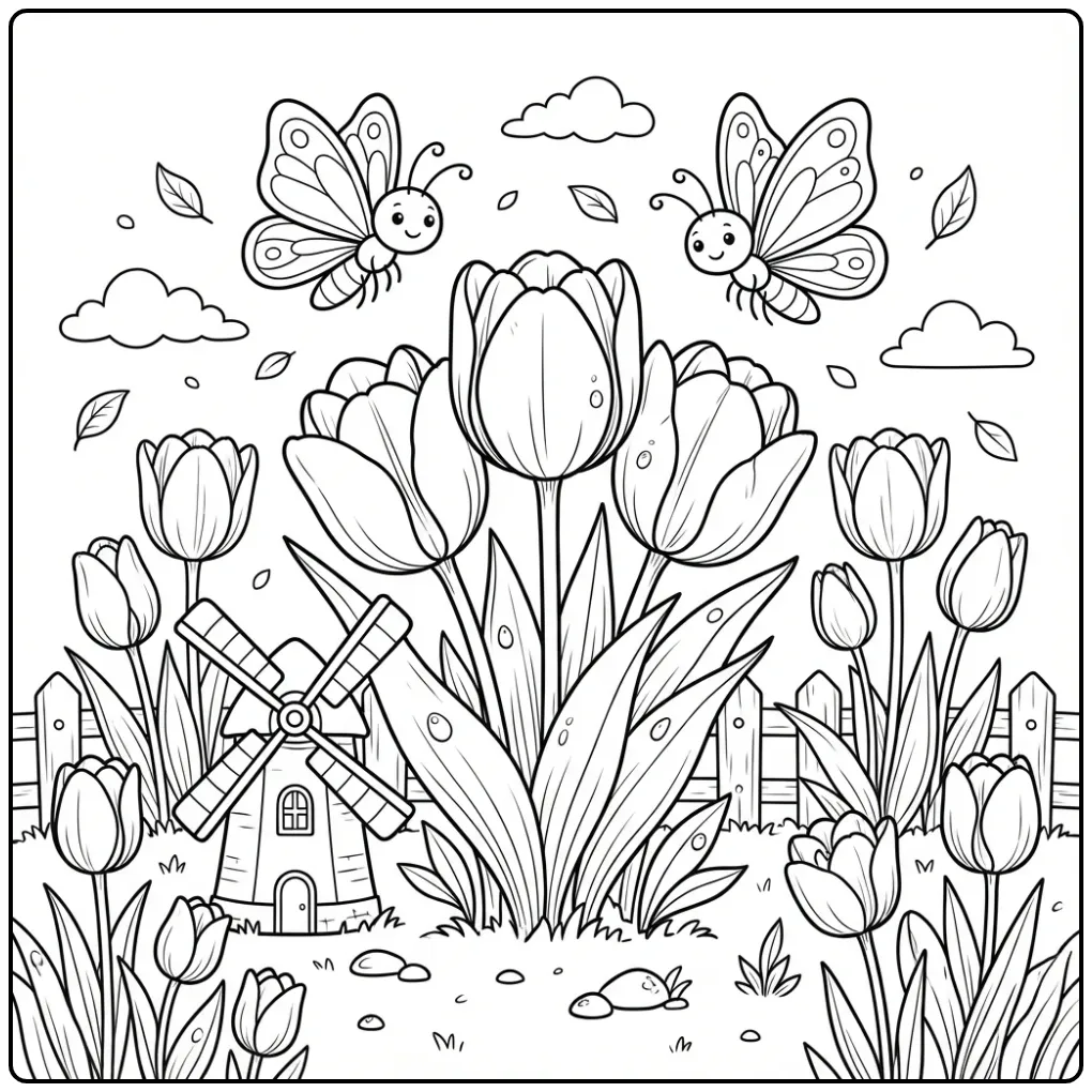 Schattige kleurplaat bloemen en vlinders bij een molen.