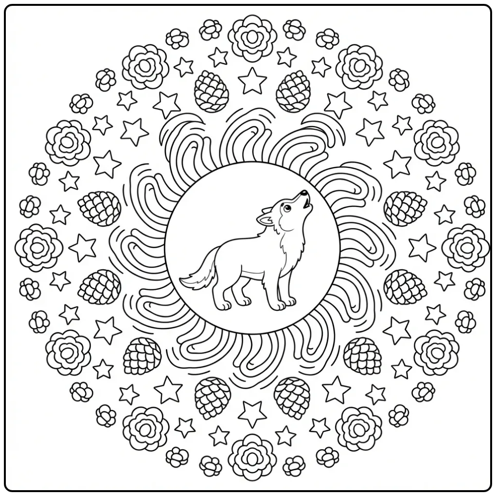 Ronde kleurplaat wolf mandala met natuur en sterren.