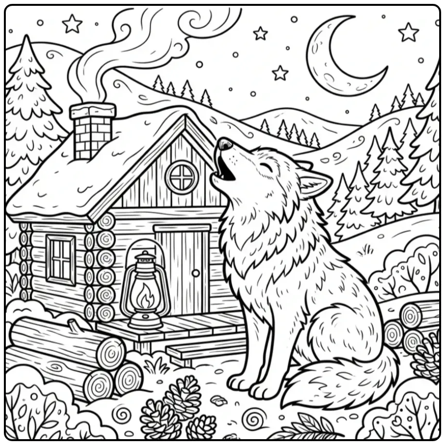 Schattige huilende wolf wolf kleurplaat bij een hutje.
