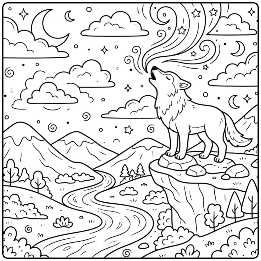 Schattige huilende wolf wolf kleurplaat voor kinderen