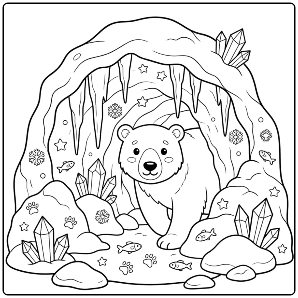 Een schattige ijsbeer kleurplaat in een ijzige grot.