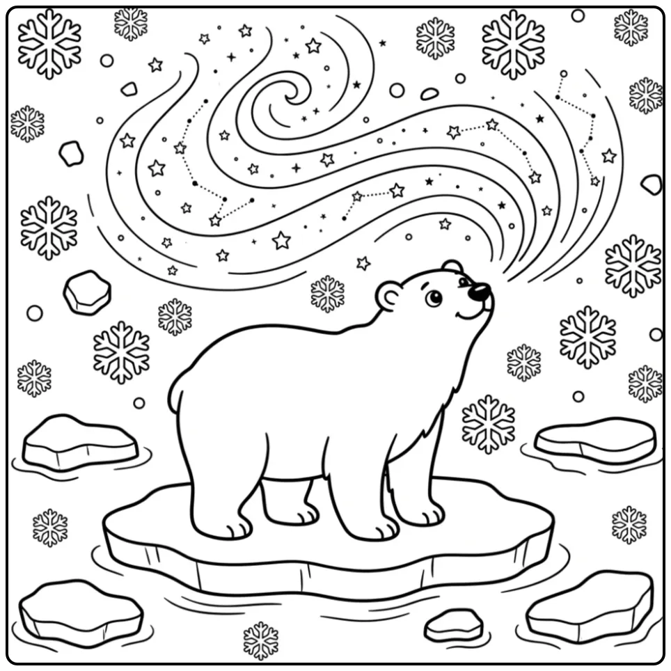 Schattige ijsbeer kleurplaat op een ijsschots met sterren