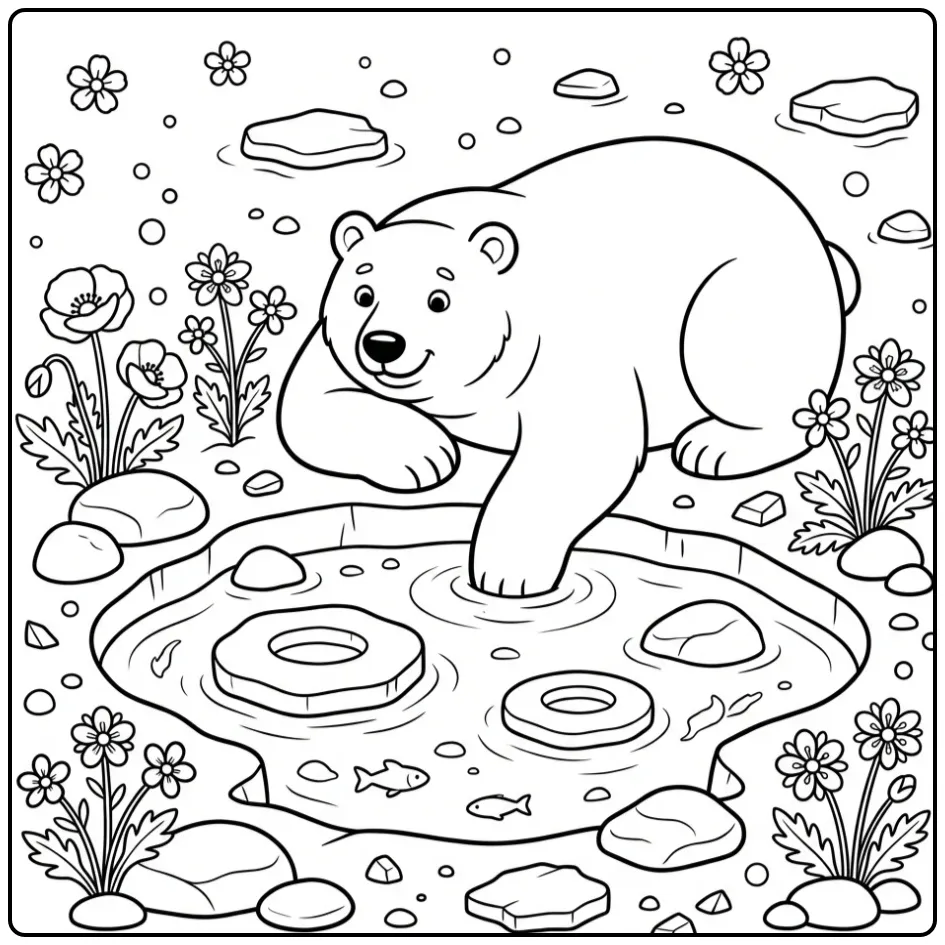 Ontspannen ijsbeer kleurplaat bij een ijspoel met bloemen.