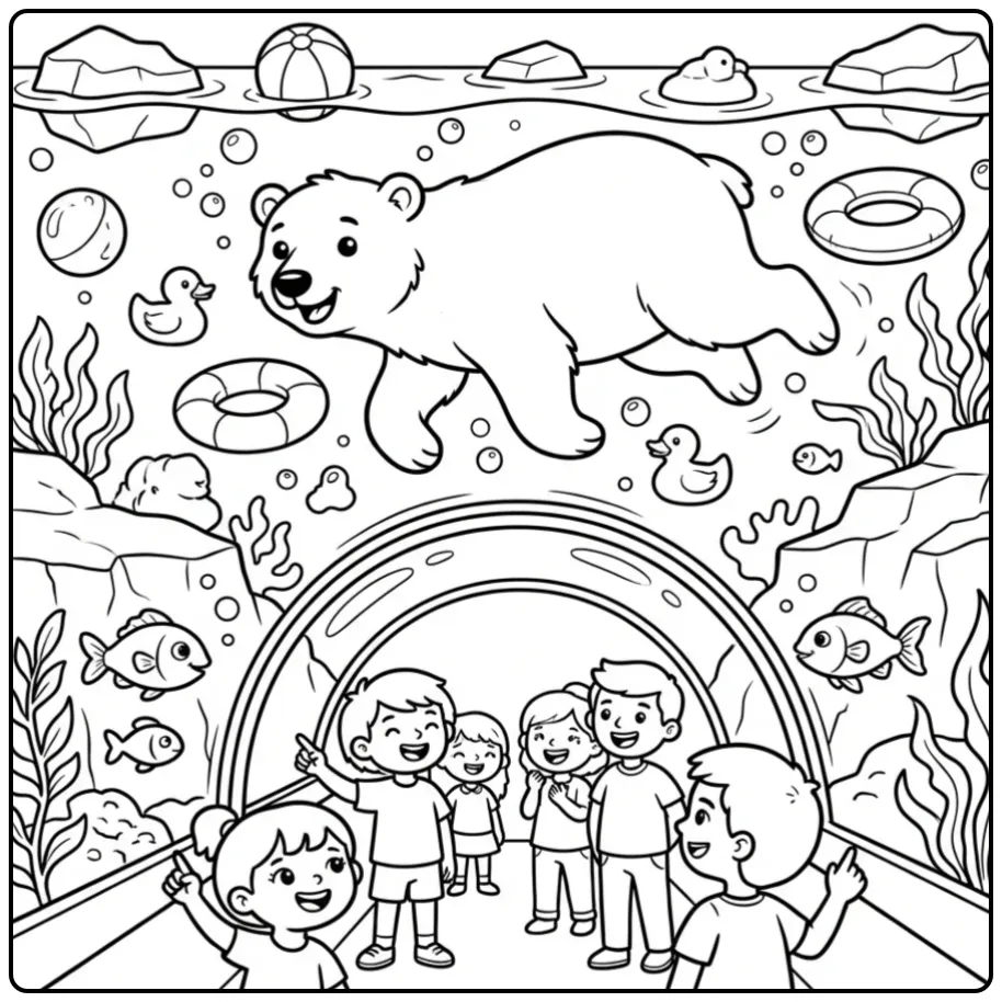 Zwemmende ijsbeer kleurplaat met bubbels en speelgoed.