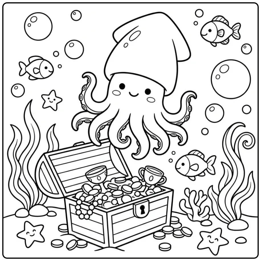 Leuke inktvis kleurplaat bij een schatkist en zeewier.