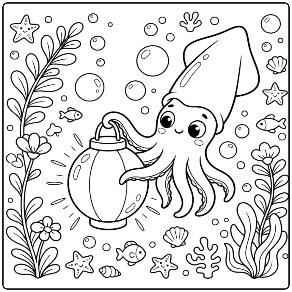 Cute inktvis kleurplaat met lantaarn en bubbels onder water.
