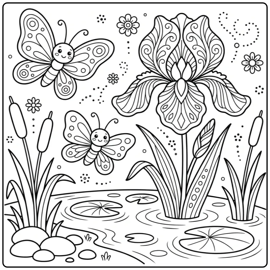 Gedetailleerde kleurplaat bloemen en vlinders volwassenen.