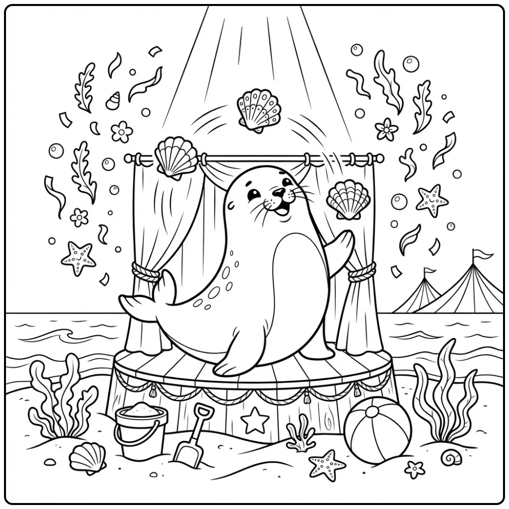 Circus zeehond kleurplaat met jonglerende schelpen