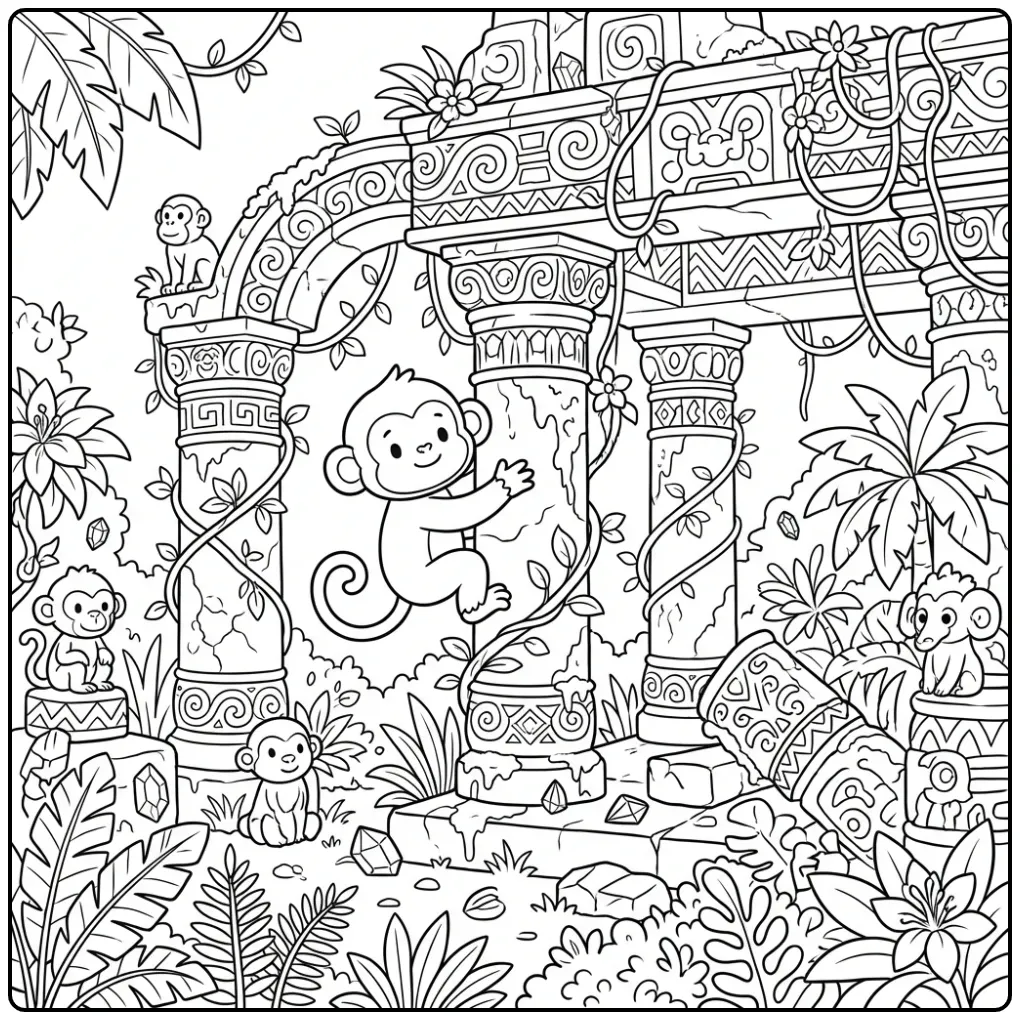 Gedetailleerde kleurplaat aap moeilijk op oude tempelruïne