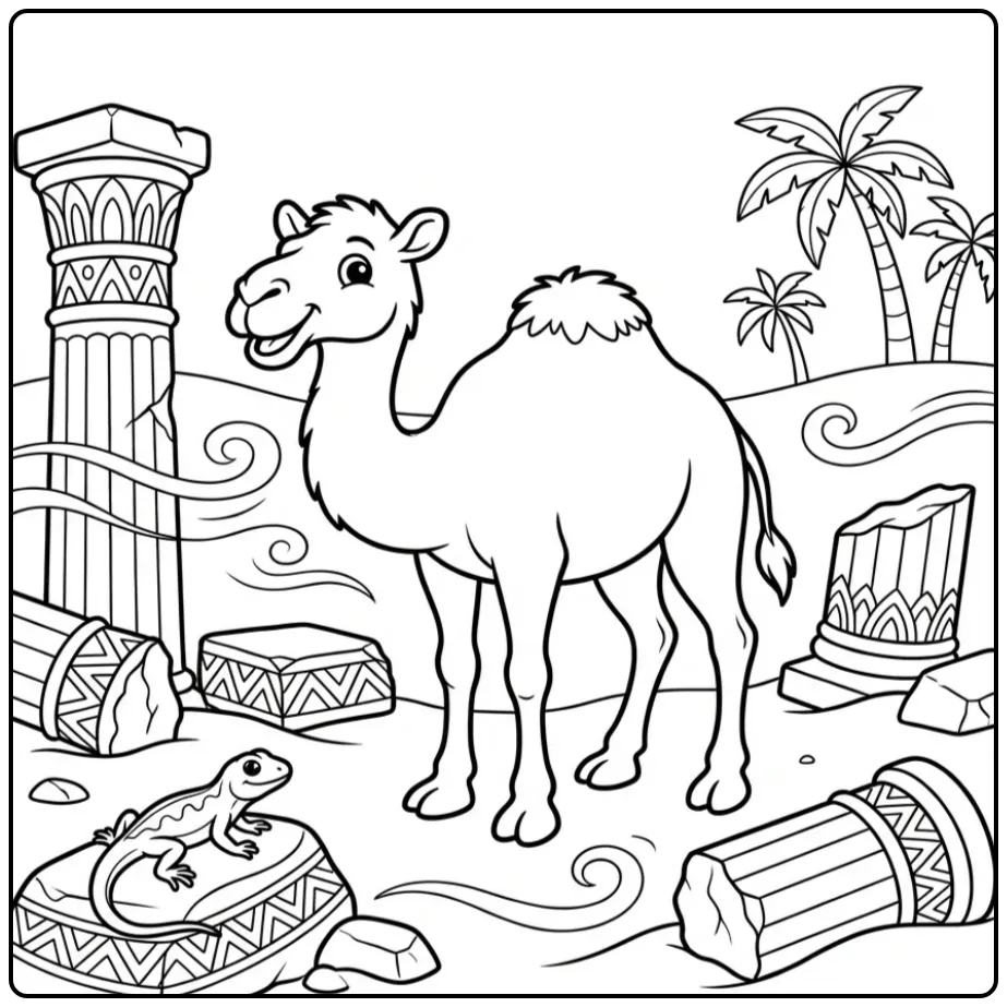 Schattige kameel kleurplaat bij oude ruïnes en palmbomen.