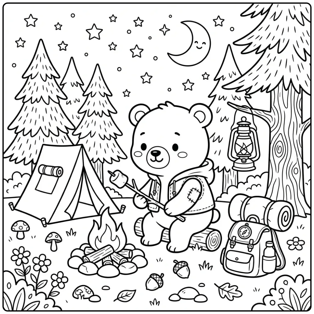 Kleurplaat beertje kamperend bij een kampvuur met tent.