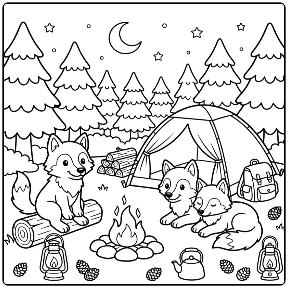 Een leuke wolven kleurplaat van een gezellige kampeerplek.