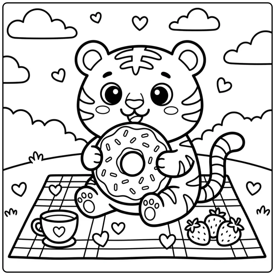 Schattige tijger kleurplaat met donut en thee.