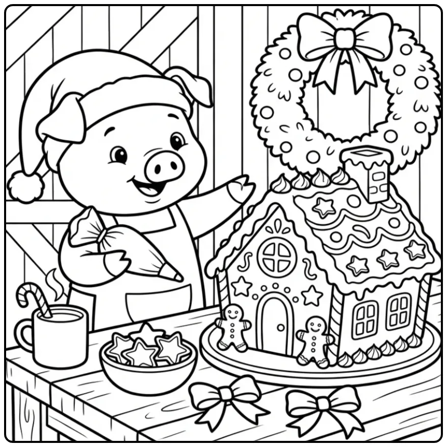 Leuke Kerstkleurplaat van een varken bij een peperkoekhuis.