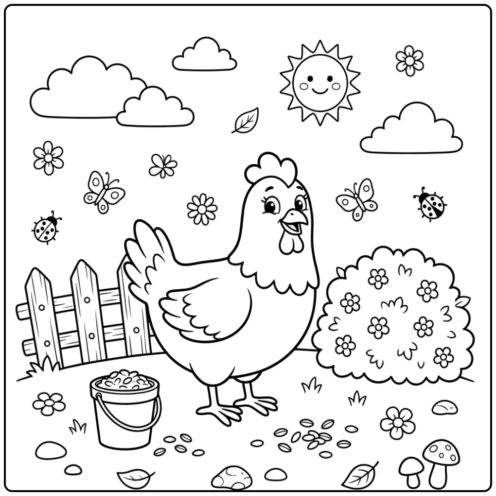Vrolijke kip kleurplaat eenvoudig bij een houten hek.
