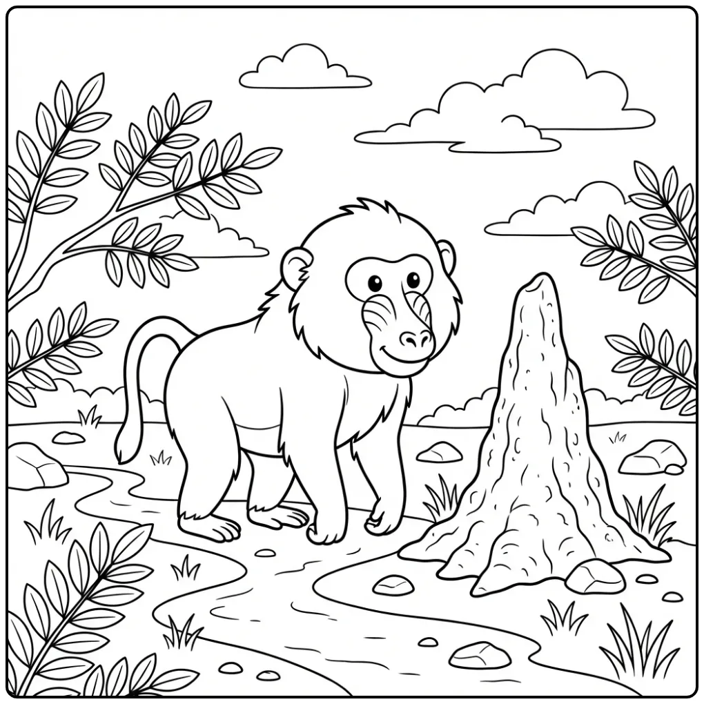 Leuke kleurplaat aap met baviaan bij een termietenheuvel.