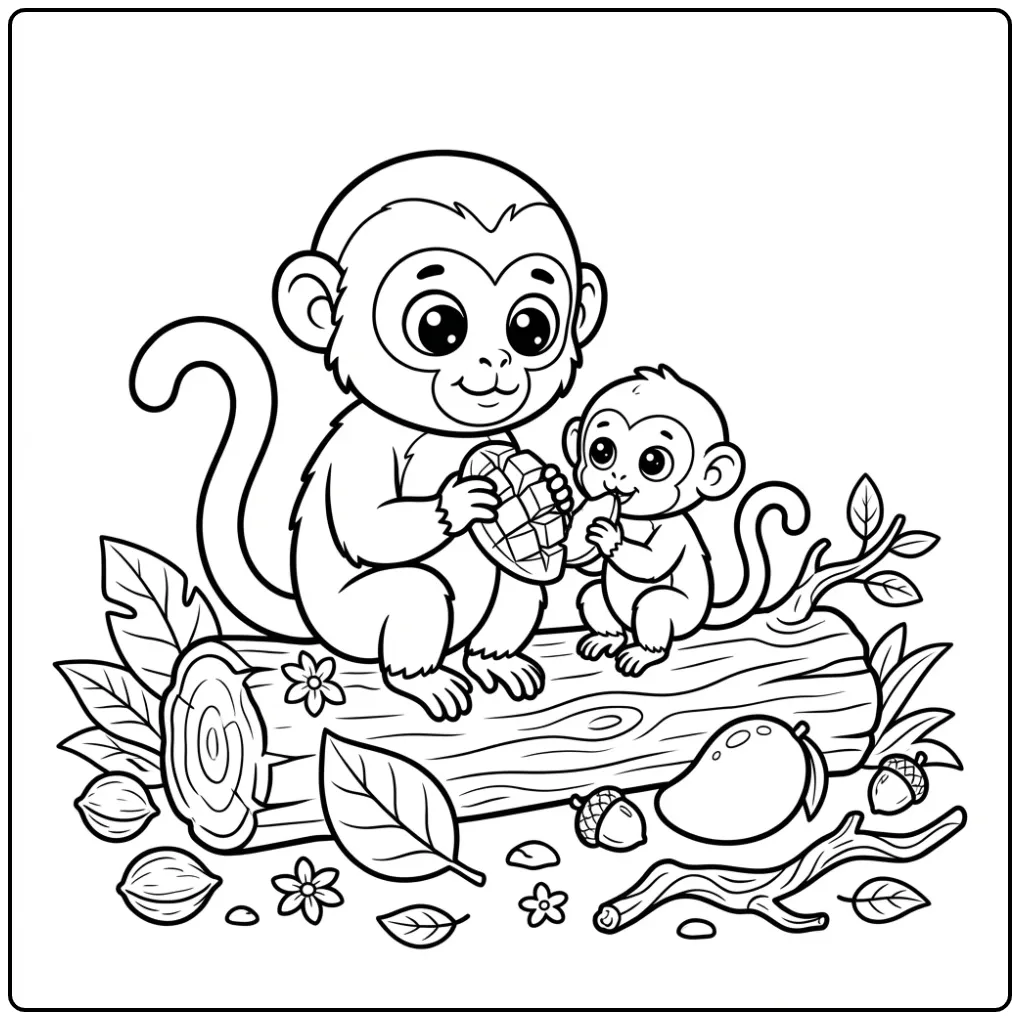 Schattige capucijn kleurplaat aap en baby op een boomstam.