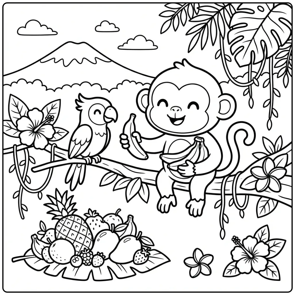 Vrolijke kleurplaat aap deelt banaan met een papegaai.