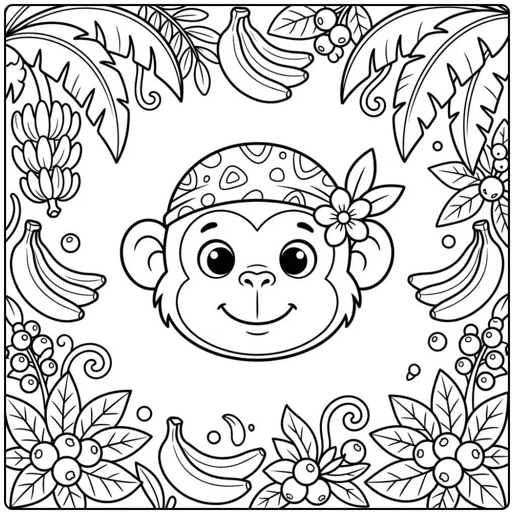 Een schattige kleurplaat aap hoofd met bandana en bloem.