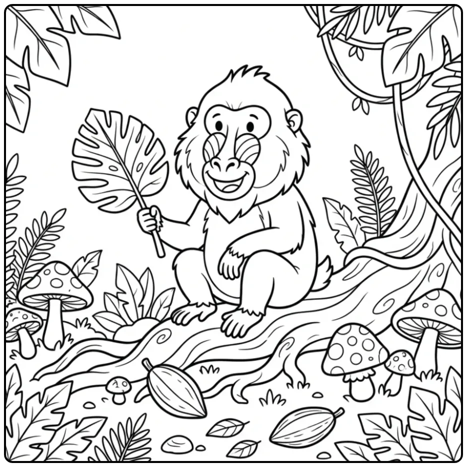 Leuke kleurplaat aap van een mandril met bladwaaier