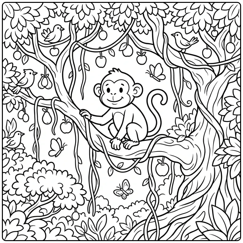 Een uitdagende kleurplaat aap moeilijk in de jungle.