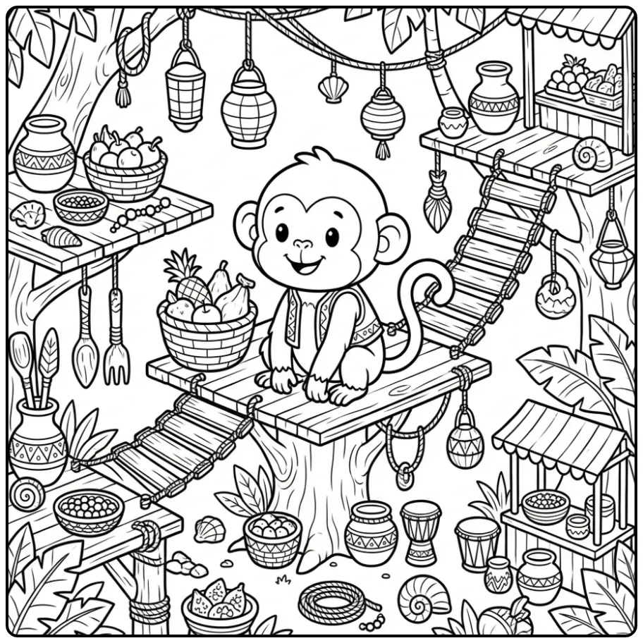 Ingewikkelde kleurplaat aap moeilijk tussen de lantaarns.