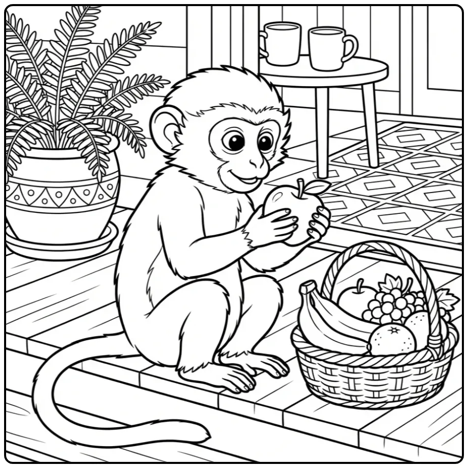 Een schattige kleurplaat aap met een appel en fruitmand.