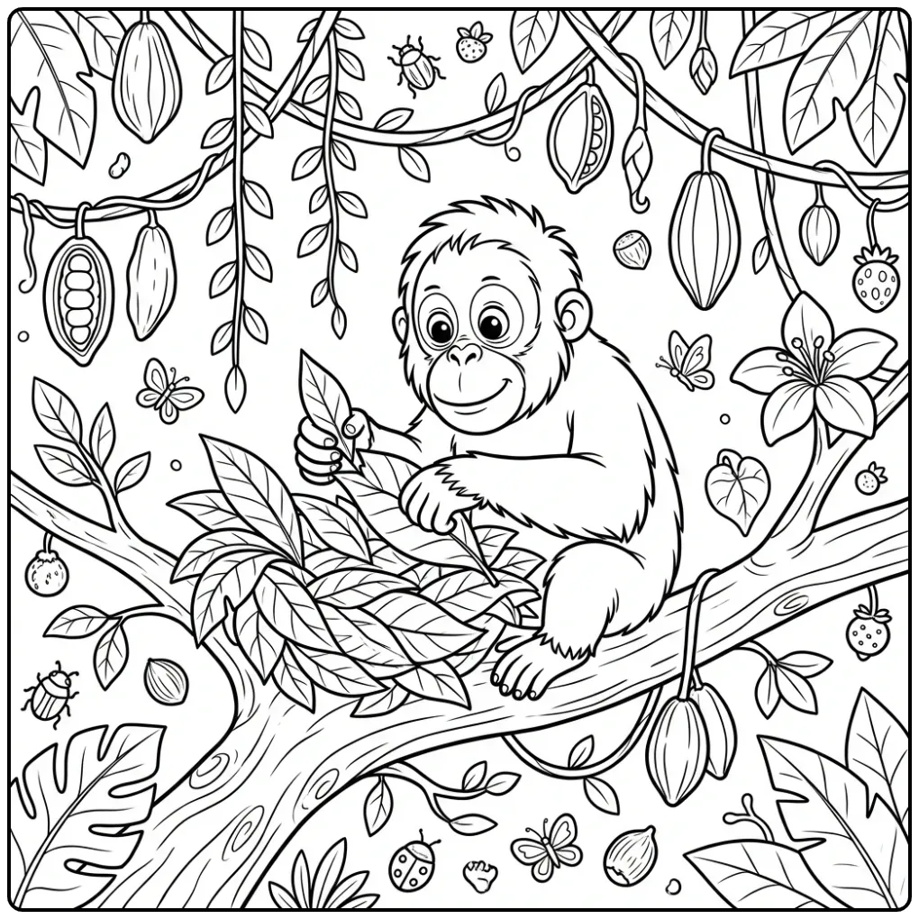 Schattige kleurplaat aap orang-oetan bouwt een nest.