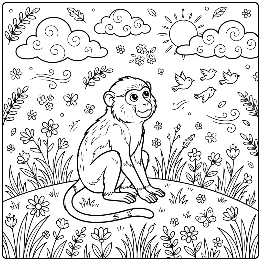 Leuke kleurplaat aap kijkt naar vogels in de lucht