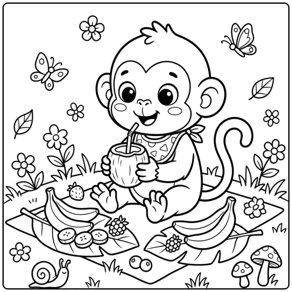 Schattig baby kleurplaat aapje met een kokosnootbeker.