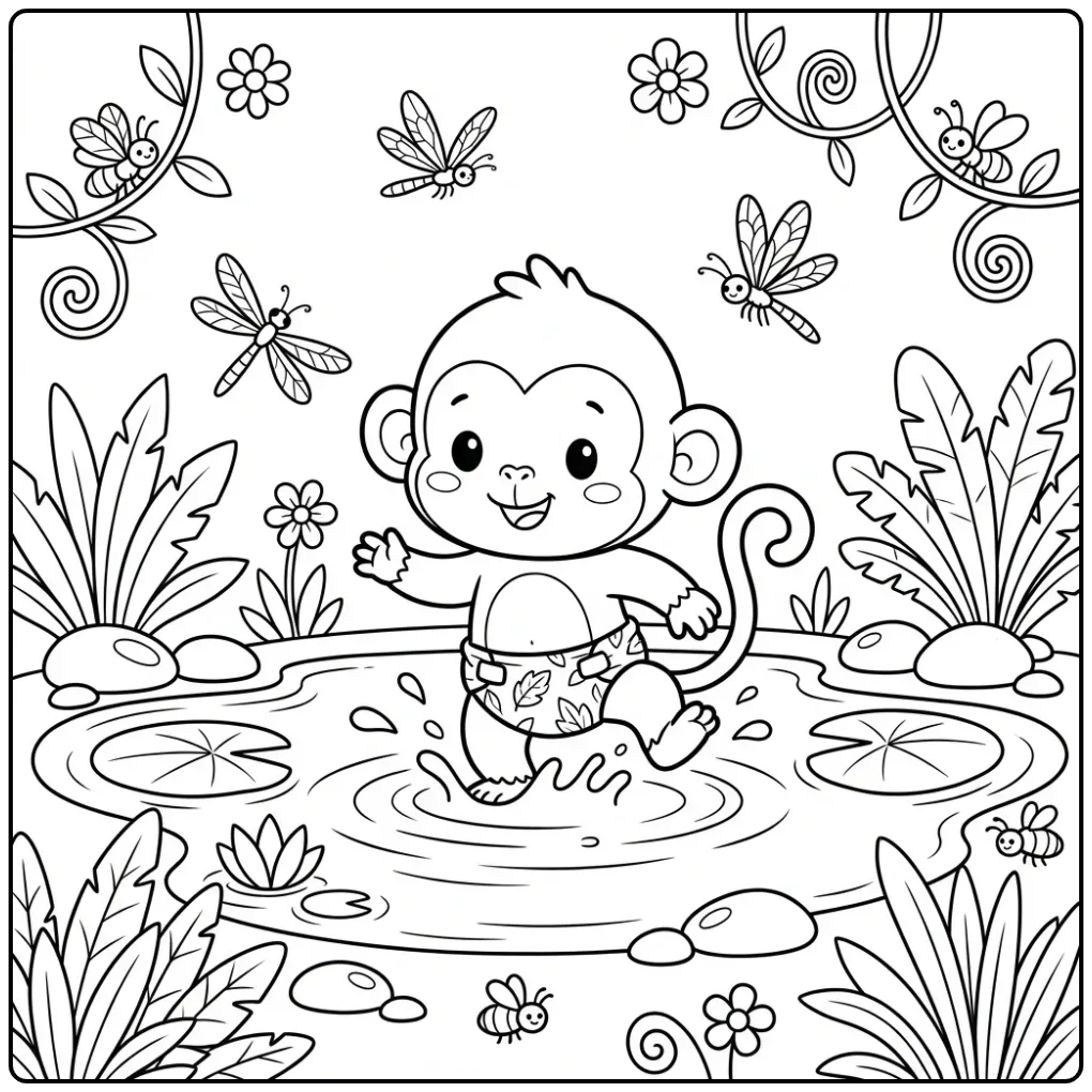 Schattige kleurplaat aapje spetterend in een plas water.