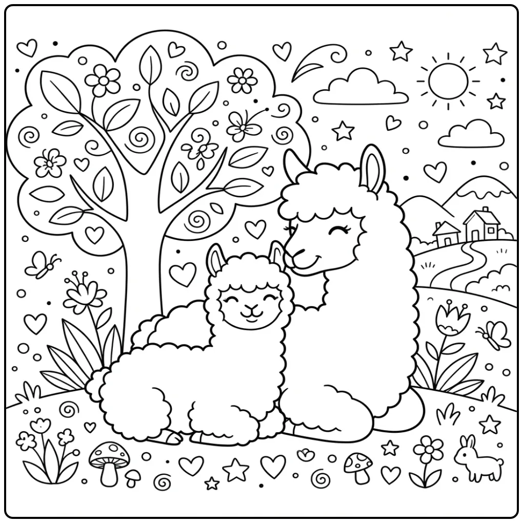 Schattige kleurplaat alpaca met baby onder een boom.