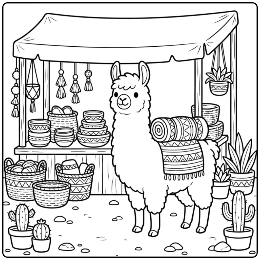 Schattige kleurplaat alpaca met deken bij marktkraam
