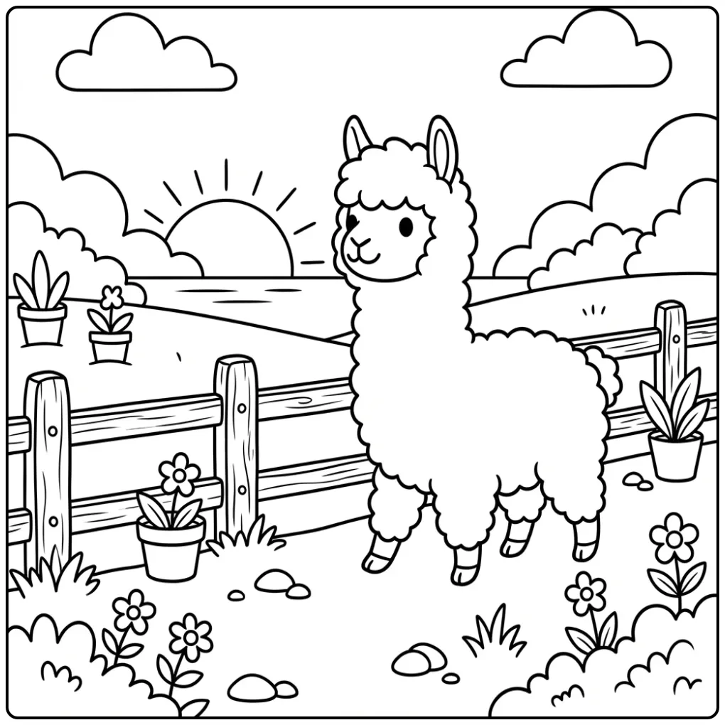 Vrolijke kleurplaat alpaca wandelt langs een hek in de zon.