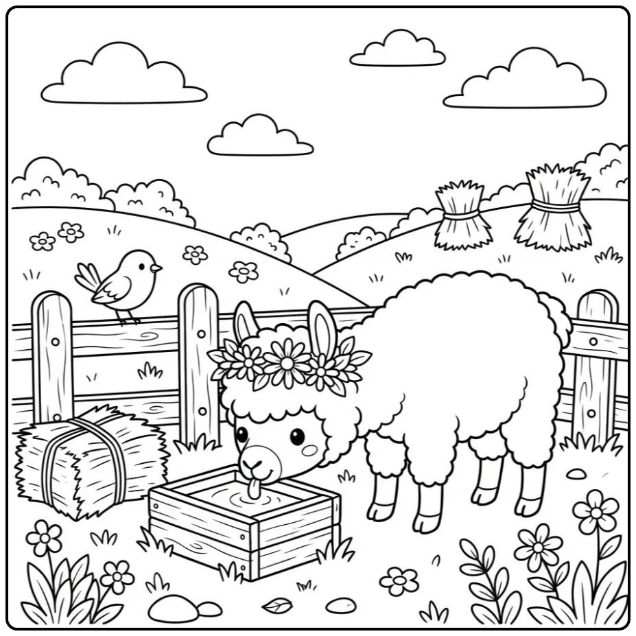 Schattige kleurplaat alpaca drinkend bij een houten hek.