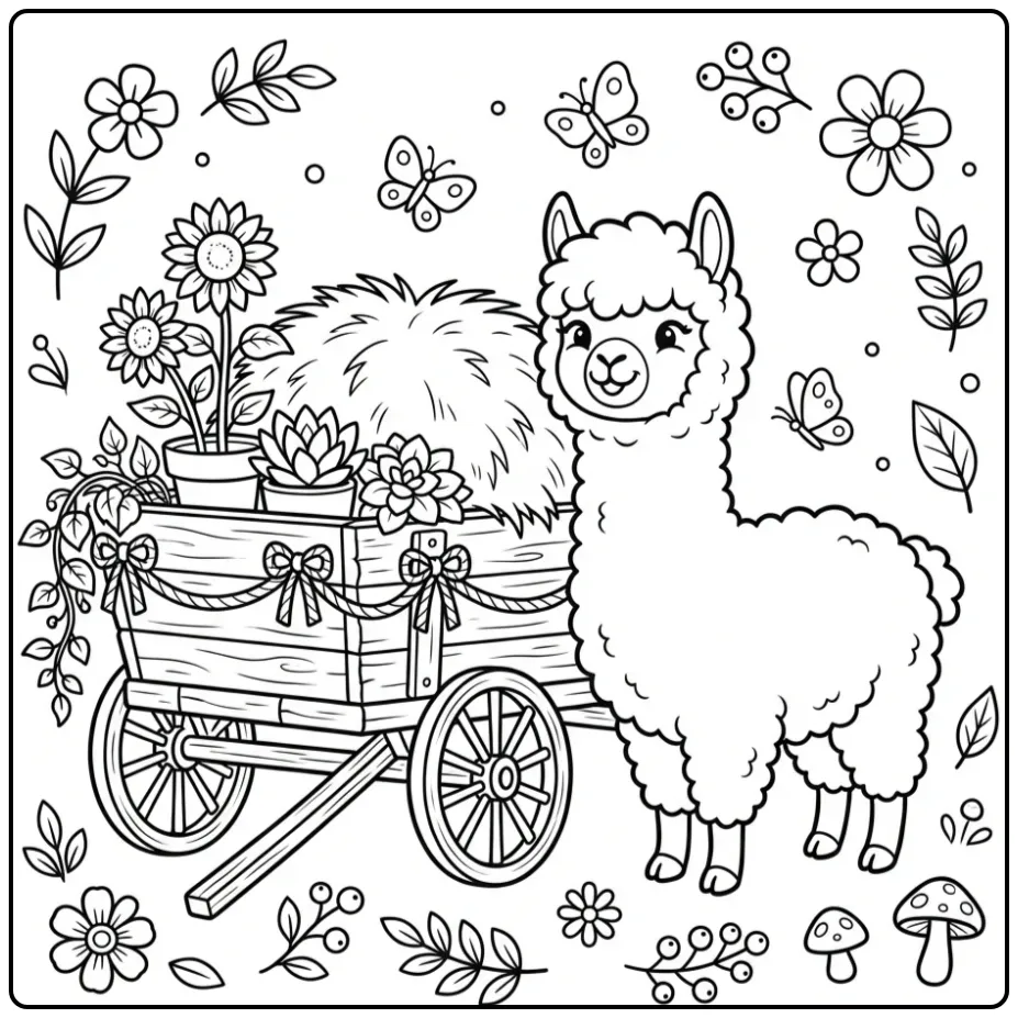 Leuke kleurplaat alpaca met een hooiwagen en plantjes.