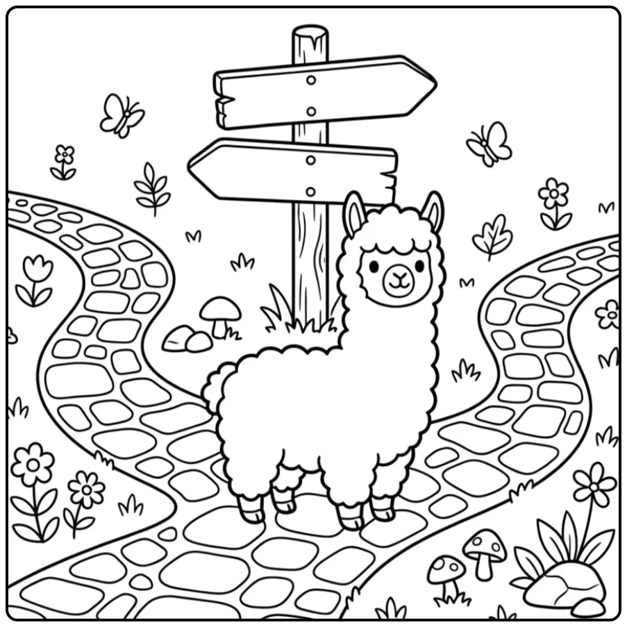 Leuke kleurplaat alpaca kiest een weg bij een houten bord.